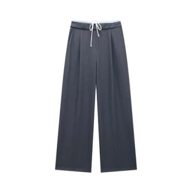 Imagem de Calças Femininas De Cintura Alta Pretas Com Pregas E Pernas Largas Par