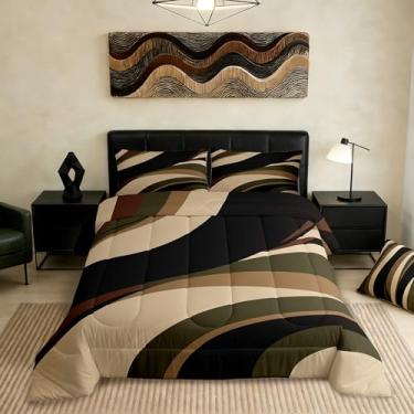 Imagem de Conjunto de edredom abstrato tamanho casal, arte vintage, listrado, para decoração de quarto de crianças, adolescentes, adultos, retrô, verde, marrom, preto, 3 peças, patchwork e linhas geométricas, 2