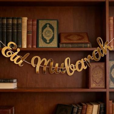 Imagem de 1 bandeira decorativa Happy Eid Al-Fitr Ramadã com letra dourada auspiciosa adequada para decorações de festas de fim de ano