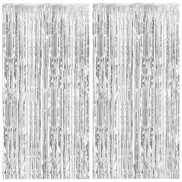 Imagem de 2 peças de cortinas de fundo com franjas prateadas 99 x 198 cm, decorações de festa de dança para véspera de Ano Novo de 2026, Natal, Dia das Bruxas, aniversário, chá de bebê, festa de revelação de