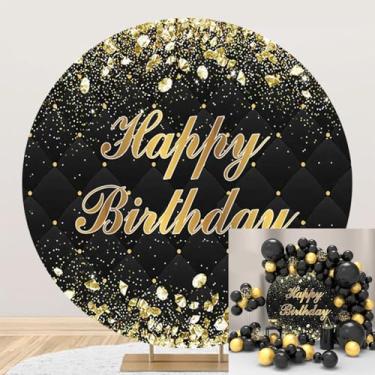 Imagem de Fundo redondo de poliéster com diâmetro de 2 m para feliz aniversário dourado diamante preto losango treliça fotografia fundo adulto criança festa de aniversário decoração de chá de bebê adereços de