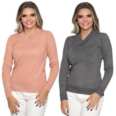 Imagem de Kit 2 Blusas Tricot Gola V Moda Casul Inverno 2024 - GIP, Nude, Chumbo