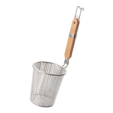 Imagem de Uonlytech Cesta de peneira de macarrão de aço inoxidável com cabo de madeira coador de aranha de malha fina para macarrão, bolinhos, macarrão, cozinha, escumadeira de alimentos com base de drenagem