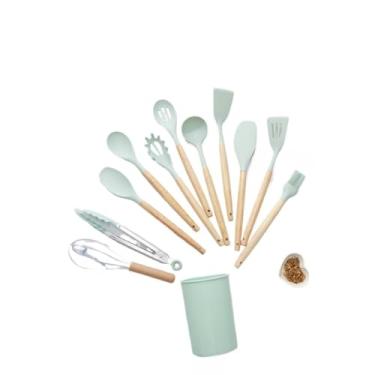 Imagem de kit 12 peças utensílios de cozinha silicone Copo Suporte Jogo de Cozinha kit 5 utensílios s/copo(KIT 12 VERDE CLARO 1 C/COPO)