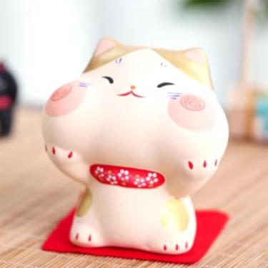 Imagem de FENNYYAR Lindo gato da sorte com listras amarelas marrons japonesas de cerâmica, 8 cm, enfeite de mesa bonito para casa
