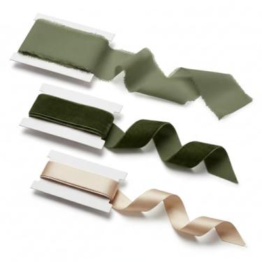 Imagem de SHSEEN Conjunto de fita verde sálvia veludo, chiffon e cetim para embrulho de presente, convites de casamento e artesanato, 15 metros de acabamento de tecido oliva, musgo e marfim para buquês de noiva
