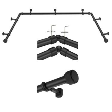 Imagem de Varão de cortina de canto de 3,8 cm para janelas - hastes telescópicas de cortina de janela de sacada - acabamentos de alumínio sólido - suporte de montagem oculto ajustável - haste central de 91 a