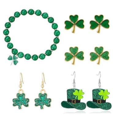 Imagem de coadipress Conjunto de 5 pares de pulseiras de brincos de Dia de São Patrício para mulheres, verde irlandês, trevo de quatro folhas, pulseira de trevo de cristal, festival irlandês, acessórios da