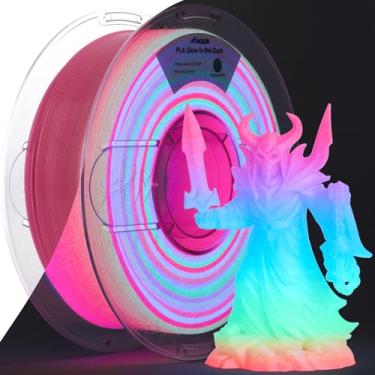 Imagem de AMOLEN Filamento PLA que brilha no escuro, arco-íris 5M vermelho, azul, verde, laranja, multicolorido, filamento de impressora 3D de mudança rápida 1,75 mm, melhor com lâmpadas UV, carretel de 1 kg (1