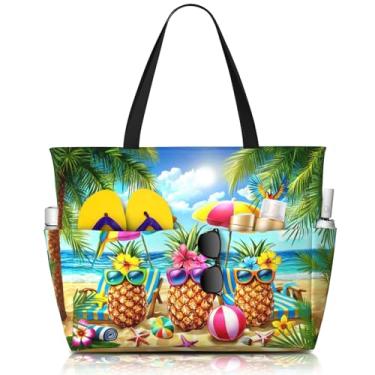 Imagem de Bolsas de praia femininas com estampa fofa, à prova d'água, à prova de areia, bolsa feminina com zíper, bolsas coloridas de piscina para academia e viagens, Abacaxi, One Size, Abacaxi