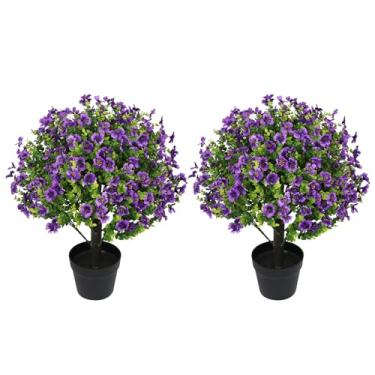 Imagem de Aoutyers Conjunto de 2 plantas artificiais de eucalipto artificial de 61 cm para ambientes externos – verde sintético resistente a UV com flores de seda roxa em vasos de cimento para decoração de