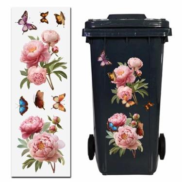 Imagem de GORGECRAFT Adesivos de parede Wheelie Bin com flor rosa, descasque e cole 25 x 71 cm PVC à prova d 'água lata de lixo grande envoltórios para caixote do lixo garagem jardim exterior interior rua pátio