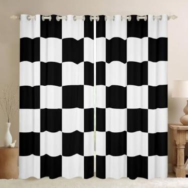 Imagem de jejeloiu Cortina quadriculada quadriculada (2 painéis, 42 x 84 polegadas) Kids Classic Plaid 30%-50% Blackout Shades Black White Room Darkening Curtain Window Treatments, microfibra