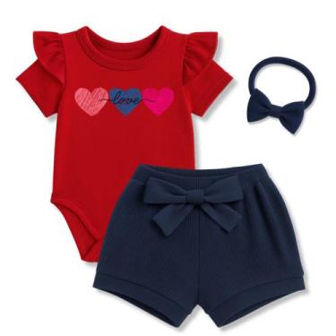 Imagem de Conjunto Bebê Menina Body Babado + Shortinho + Faixinha de Cabelo Kit 
