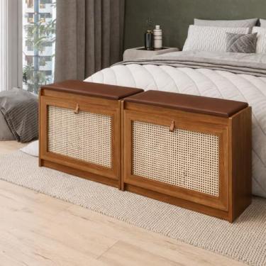 Imagem de Sapateira Banco Madeira Rustica Plenitude com Porta Basculante Rattan, Assento Corino, 6 Pares, 120kg, 60x51x26cm (Marrom)