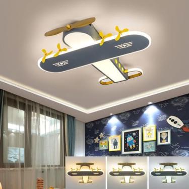 Imagem de Luminária de teto LED moderna 59W dimerizável, ideal para quarto infantil, com design tricolor de avião de desenho animado, perfeita para estimular a criatividade em quartos, salas de estar