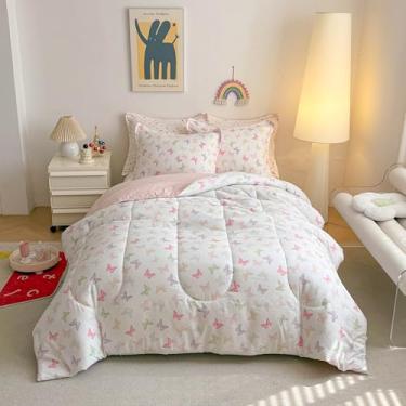 Imagem de Joyreap Jogo de lençol Queen - Design rosa borboleta, 4 peças, microfibra escovada, ultramacia, inclui 1 lençol de cima, 1 lençol com elástico, 2 fronhas