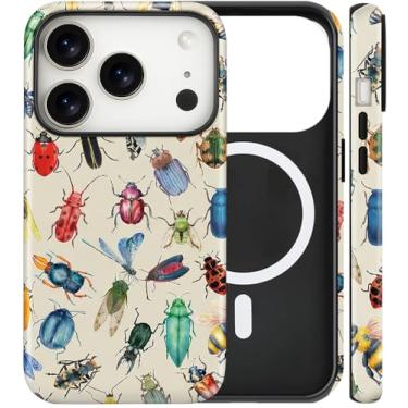Imagem de flewfun Capa magnética para iPhone 17 Pro, capa de telefone com besouro fofo, arte de insetos, à prova de choque, fina, TPU e policarbonato rígido, capa protetora para celular compatível com MagSafe