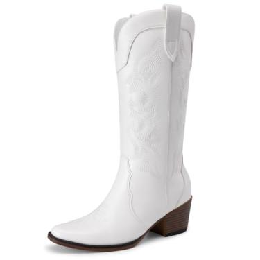Imagem de Athlefit Botas femininas caubói, moda ocidental, bordadas, salto grosso, bico fino, confortável, cano médio, com zíper lateral, Branco, 36