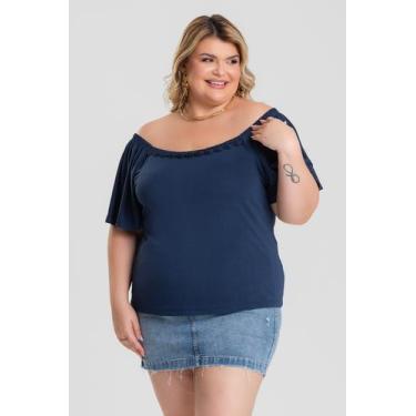 Imagem de Blusa Plus Size Ombro a Ombro Detalhe Renda Decote - Serena, Marinho, 