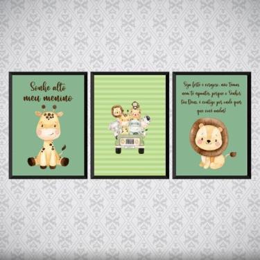 Imagem de Kit 3 Quadros Safári Infantil 45x34cm - Vidro Preta
