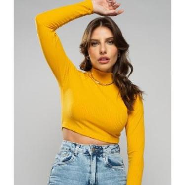 Imagem de Cropped Salvatore Fashion Gola Alta Manga Longa Comfy Malha Canelada Feminina-Feminino
