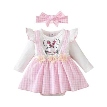 Imagem de Vestido Rosa De Manga Comprida Com Estampa De Coelho E Faixa De Cabeça