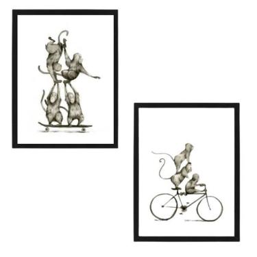 Imagem de Quadro Macaquinhos Esportistas Moldura Preta 24X18Cm 2 Peças