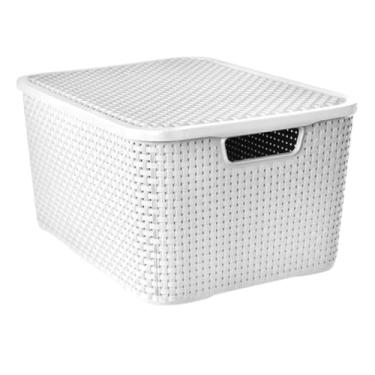 Imagem de Caixa Organizadora Plástica Cesto Rattan 40 Litros Branca Com Tampa