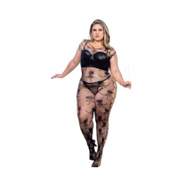 Imagem de Macacão Plus Size Arrastão Com Tiras Detalhado Em Renda Tamanho:PlusSize;Cor:Preto
