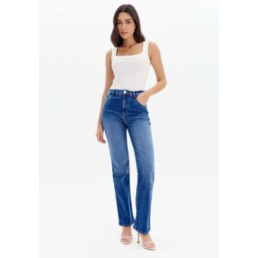 Imagem de Calça Jeans Reta Com Cintura Alta E Bolsos Estampados-Feminino