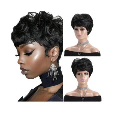 Imagem de Peruca Sintética Curta Cacheada Preta De 10 Polegadas Com Franja Para 