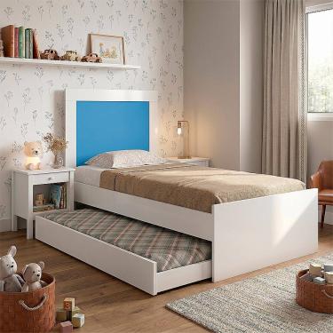 Imagem de Cama Bibox Luara Solteiro com Auxiliar e Colchões D23 para Quarto Infantil - Branco/azul