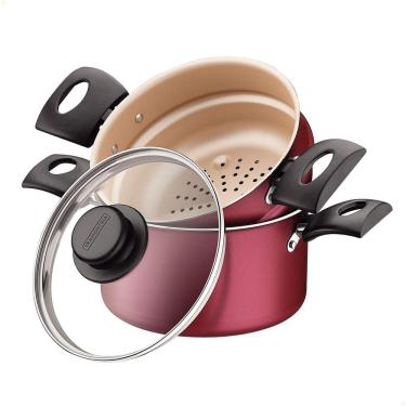 Imagem de Cuscuzeira Tramontina Turim 16 Cm Vermelho Alumínio e Rev. Antiaderente e Tampa de Vidro 20266716