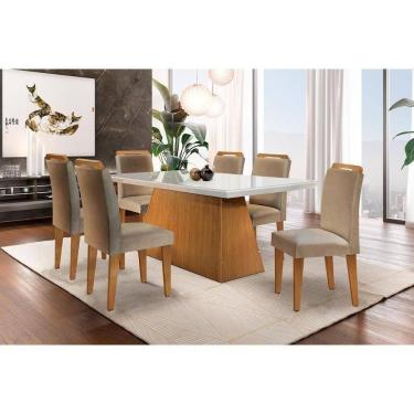 Imagem de Mesa Sala Jantar C/ Tampo Madeirado C/ Vidro Canto Reto 180cm 6 Cadeiras Athenas Imbuia...
