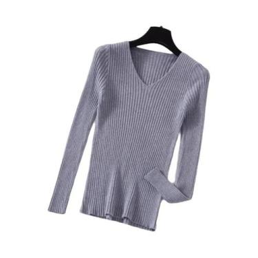 Imagem de Suéter Feminino De Tricô Gola V Manga Longa Para Outono Inverno - Blus