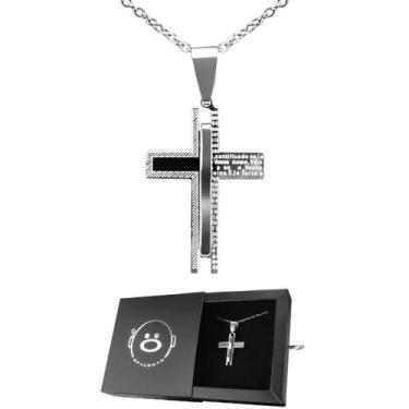 Imagem de cordão aço inox prata + crucifixo pai nosso + caixa casual estiloso so
