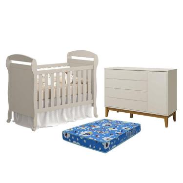 Imagem de Kit Berço Americano Danny com Colchão e Cômoda com Porta Elfe Classic MDF Areia Acetinado Amadeirado Reller Móveis