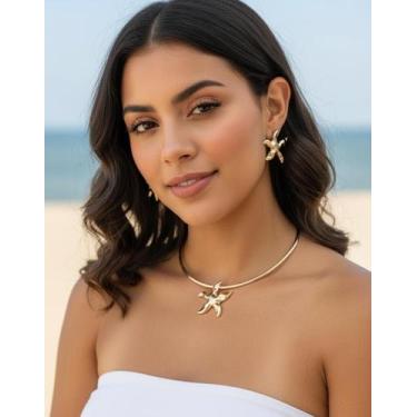 Imagem de Choker Estrela do Mar + Brincos Design Orgânico Bijuteria Cor:Dourado 