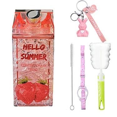 Imagem de seelucky Copo de viagem com canudo garrafa de água esportiva gelo canecas congelador vidro gelado menina copo beber (morango vermelho, 400 ml)