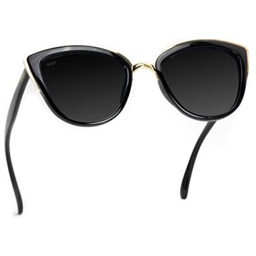 Imagem de WearMe Pro Óculos de sol femininos com lentes refletivas espelhadas olho de gato grandes, Armação preta - aro dourado/lente preta, One Size