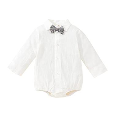 Imagem de Macaquinho xadrez de manga comprida para bebês meninos recém-nascidos com gravata borboleta suave para camisa de bebê menino (branco, 12 a 18 meses)