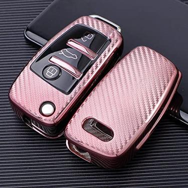 Imagem de CSHU Fibra de carbono TPU 3 botões chave masculino feminino capa chave do carro capa chaveiro anel chave bolsa, apto para Audi C6 A7 A8 R8 A1 A3 A4 A5 Q7 A6 C5, rosa