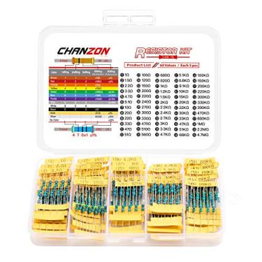 Imagem de Chanzon 60 valores 1/4w (0,25 watt) Kit de resistor fixo de filme de metal 300 pçs 1R-4,7MR Ω ohm ± 1% Tolerância 0,01 MF Resistores de furo de passagem de corrente sortidas Certificado Rohs