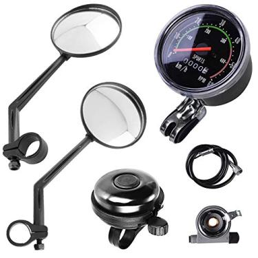 Imagem de Lomodo 4 peças de acessórios para bicicleta, incluindo 2 espelhos retrovisores de bicicleta, 1 velocímetro clássico estilo antigo e 1 sino de alumínio para ciclismo de 61 cm a 69,8 cm
