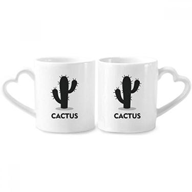 Imagem de Conjunto de canecas de porcelana para casal com desenho de suculentas de planta de cacto verde com alça de coração