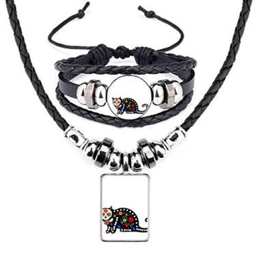 Imagem de Conjunto de joias de couro com pingente de flor de gato preto para dia das bruxas e terror
