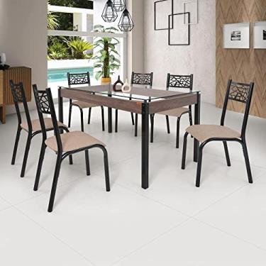 Imagem de Conjunto Sala de Jantar Mesa Jade 140x80cm Tampo Vidro com 6 Cadeiras Ciplafe Preto Fosco/linho Bege