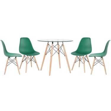 Imagem de Mesa Redonda Eames Com Tampo De Vidro 80 Cm + 4 Cadeiras Eiffel Dsw Verde Escuro