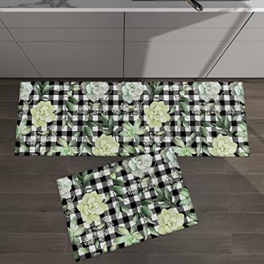 Imagem de Conjunto de 2 tapetes de cozinha plantas suculentas folhas verdes verão aquarela preto branco xadrez para tapetes e tapetes acolchoados antiderrapante absorvente corredor confortável tapete de pé